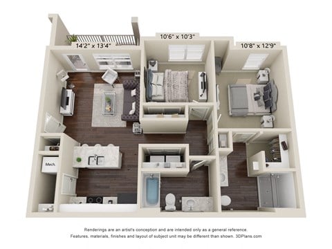 Floor plan for 2 beds, 2 baths, 940 sqft